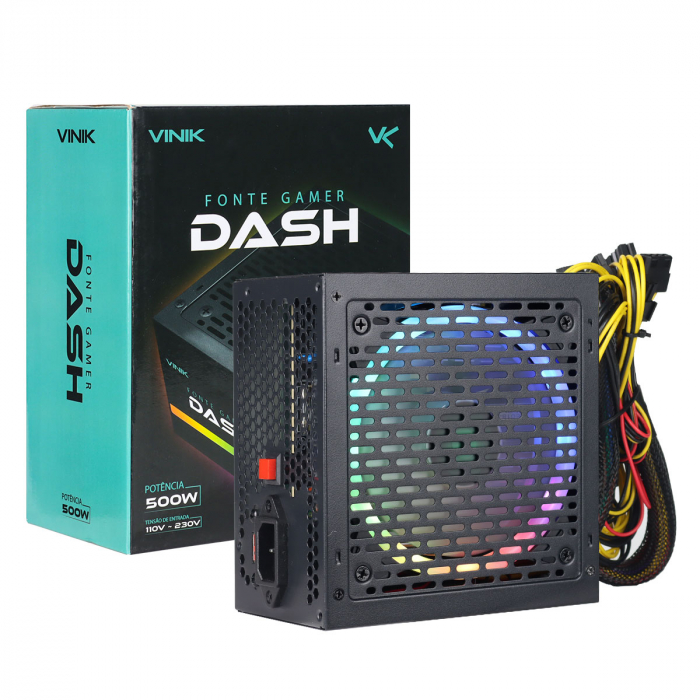 FONTE GAMER DASH 500W PRETO COM FAN LED RGB